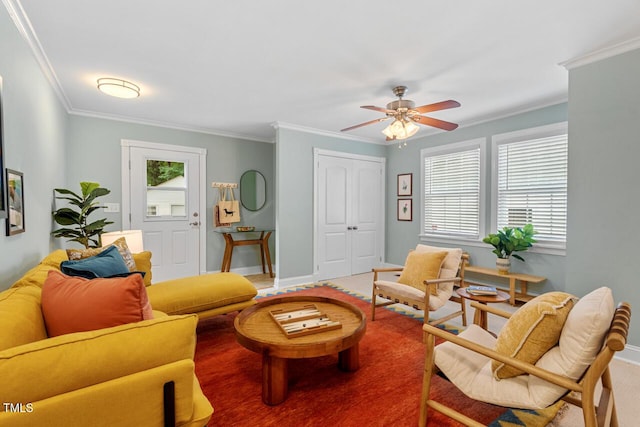1826 Northgate St, Durham, NC 27704 - living area with a ceiling fan, ornamental molding, and baseboards