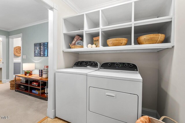 1826 Northgate St, Durham, NC 27704 - washroom featuring washer and dryer, crown molding, and light carpet
