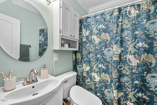 1826 Northgate St, Durham, NC 27704 - full bathroom featuring ornamental molding, toilet, vanity, and a shower with shower curtain