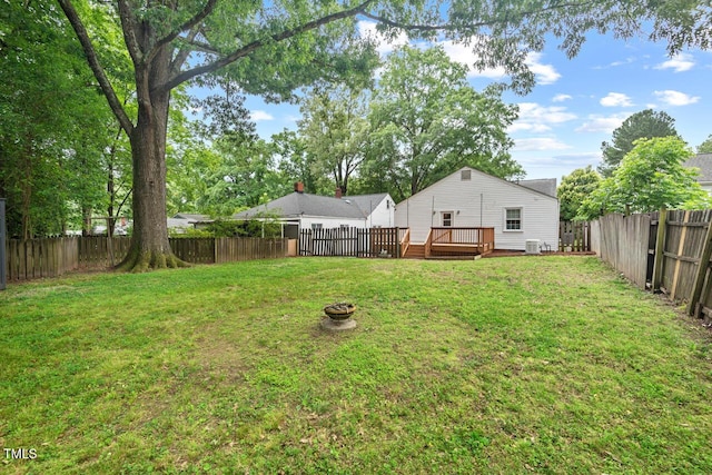 1826 Northgate St, Durham, NC 27704 - view of yard with a wooden deck, central air condition unit, and an outdoor fire pit