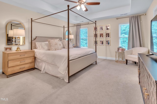 2310 Turning Pointe Way, Hillsborough, NC 27278 - bedroom with multiple windows, light carpet, baseboards, and ceiling fan
