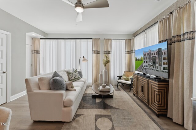 144 N White St # 100, Wake Forest, NC 27587 - living room with ceiling fan, wood finished floors, and baseboards