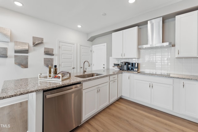 144 N White St # 100, Wake Forest, NC 27587 - kitchen featuring dishwasher, wall chimney range hood, a sink, black electric cooktop, and white cabinets