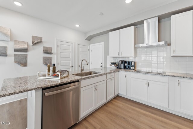 144 N White St # 100, Wake Forest, NC 27587 - kitchen featuring dishwasher, wall chimney range hood, a sink, black electric cooktop, and white cabinets