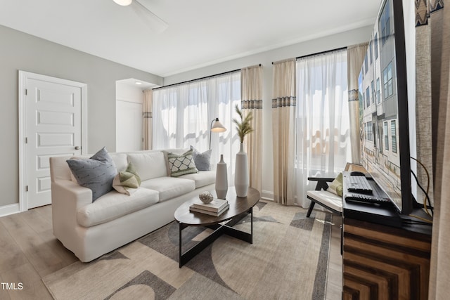 144 N White St # 100, Wake Forest, NC 27587 - living area featuring baseboards, ceiling fan, and light wood-style floors
