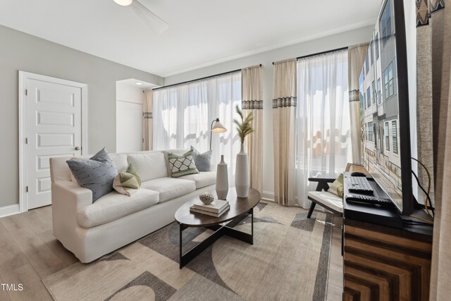 144 N White St # 100, Wake Forest, NC 27587 - living area featuring baseboards, ceiling fan, and light wood-style floors