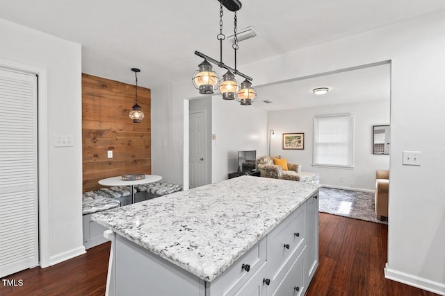 1207 Grant St, Durham, NC 27701 - kitchen with open floor plan, a kitchen island, light stone countertops, dark wood-style flooring, and baseboards