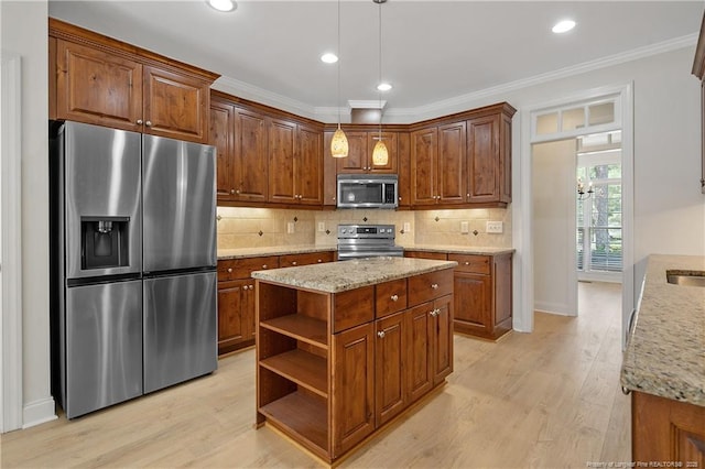 196 Leaning Pine Cir, Spring Lake, NC 28390 - kitchen with appliances with stainless steel finishes, open shelves, brown cabinets, light wood finished floors, and backsplash