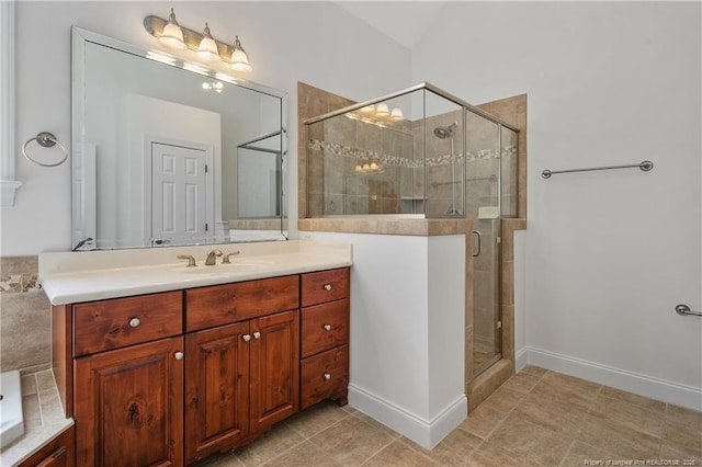196 Leaning Pine Cir, Spring Lake, NC 28390 - full bathroom featuring vanity, a shower stall, tile patterned floors, and baseboards