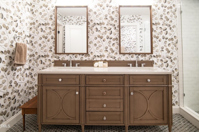5012 Skidmore St, Raleigh, NC 27609 - full bath featuring wallpapered walls, double vanity, a shower, and tile patterned flooring