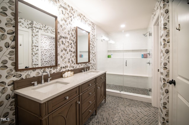 5012 Skidmore St, Raleigh, NC 27609 - full bath featuring double vanity, a stall shower, wallpapered walls, and tile patterned floors