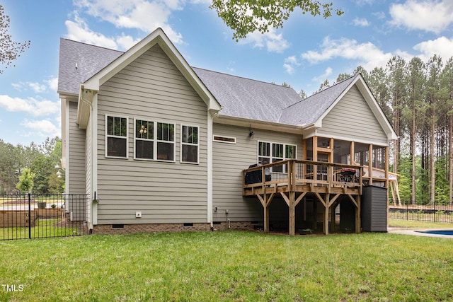 40 Yellowstone Ct, Youngsville, NC 27596 - back of house with crawl space, a wooden deck, a sunroom, and a shingled roof