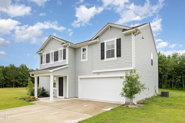 6044 Lowgrass Rd, Stedman, NC 28391 - view of front of house with an attached garage, concrete driveway, a front lawn, and central air condition unit