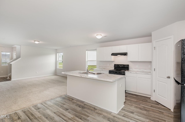 6044 Lowgrass Rd, Stedman, NC 28391 - kitchen with black range with electric cooktop, freestanding refrigerator, under cabinet range hood, a sink, and white cabinetry