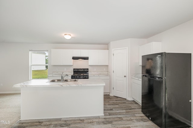 6044 Lowgrass Rd, Stedman, NC 28391 - kitchen with black appliances, a sink, under cabinet range hood, light countertops, and white cabinetry