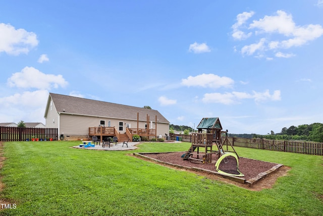 9300 Lake Wheeler Rd, Fuquay Varina, NC 27526 - view of yard featuring a playground, a deck, and a patio