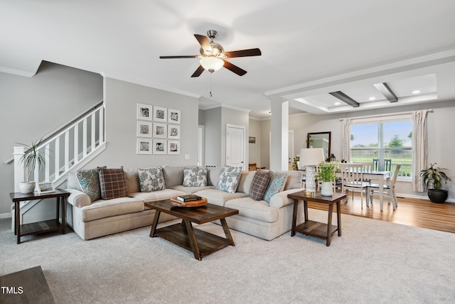 9300 Lake Wheeler Rd, Fuquay Varina, NC 27526 - living room featuring crown molding, a ceiling fan, stairs, carpet, and recessed lighting
