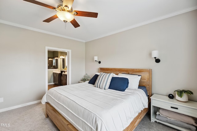 9300 Lake Wheeler Rd, Fuquay Varina, NC 27526 - bedroom featuring crown molding, baseboards, carpet flooring, a ceiling fan, and ensuite bathroom