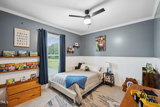 9300 Lake Wheeler Rd, Fuquay Varina, NC 27526 - carpeted bedroom with ornamental molding, a wainscoted wall, and a ceiling fan