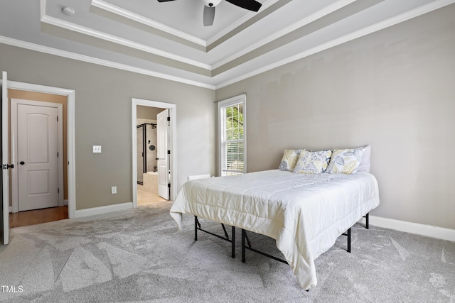 37 Meadow Oaks Cir, Smithfield, NC 27577 - carpeted bedroom with ornamental molding, a raised ceiling, ensuite bathroom, and ceiling fan