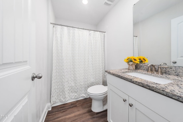 304 Azalea Gaze Dr, Youngsville, NC 27596 - bathroom with vanity, toilet, wood finished floors, and curtained shower