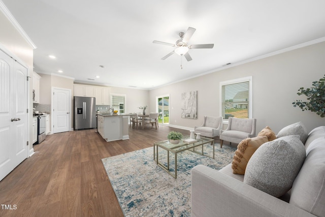 304 Azalea Gaze Dr, Youngsville, NC 27596 - living room featuring ornamental molding, ceiling fan, dark wood finished floors, recessed lighting, and baseboards