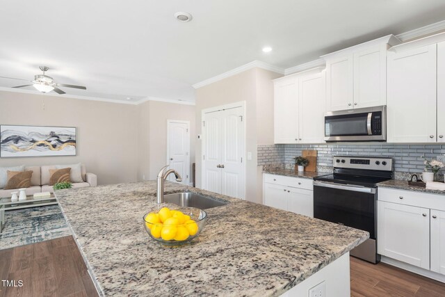 304 Azalea Gaze Dr, Youngsville, NC 27596 - kitchen with stainless steel appliances, crown molding, a sink, an island with sink, and dark wood-type flooring