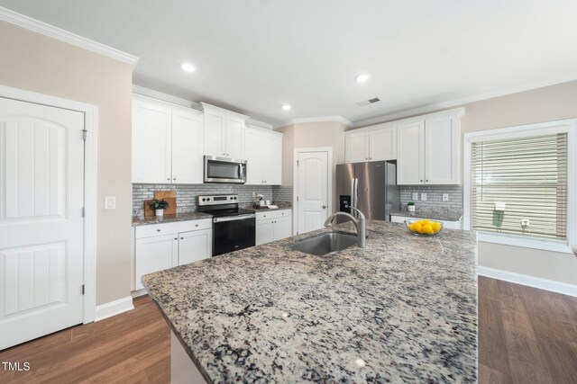 304 Azalea Gaze Dr, Youngsville, NC 27596 - kitchen with appliances with stainless steel finishes, a sink, ornamental molding, dark wood-style flooring, and baseboards