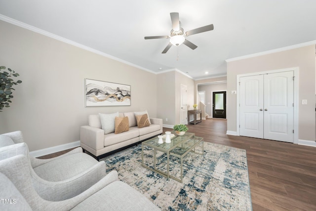 304 Azalea Gaze Dr, Youngsville, NC 27596 - living area featuring dark wood-type flooring, baseboards, crown molding, ceiling fan, and recessed lighting