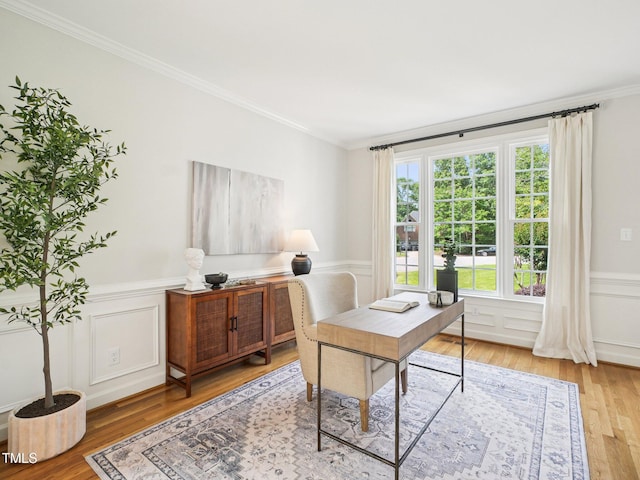 305 Promontory Point Dr, Cary, NC 27513 - office featuring crown molding, light wood-style floors, a wainscoted wall, and a decorative wall