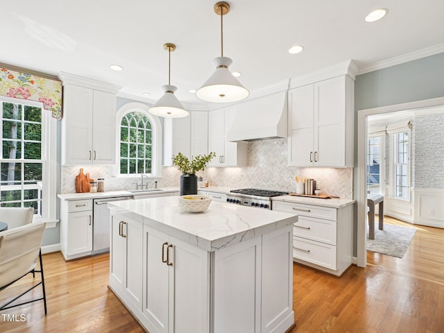 305 Promontory Point Dr, Cary, NC 27513 - kitchen featuring stainless steel dishwasher, a sink, a kitchen island, custom range hood, and white cabinetry