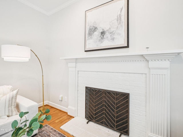 305 Promontory Point Dr, Cary, NC 27513 - detailed view of a fireplace, wood finished floors, ornamental molding, and baseboards