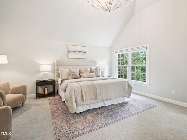 305 Promontory Point Dr, Cary, NC 27513 - bedroom featuring carpet floors, baseboards, high vaulted ceiling, and a chandelier