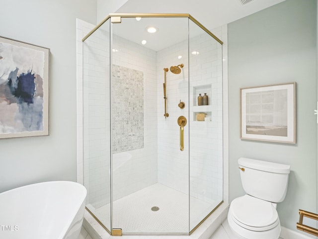 305 Promontory Point Dr, Cary, NC 27513 - full bath with a freestanding tub, a shower stall, toilet, and recessed lighting