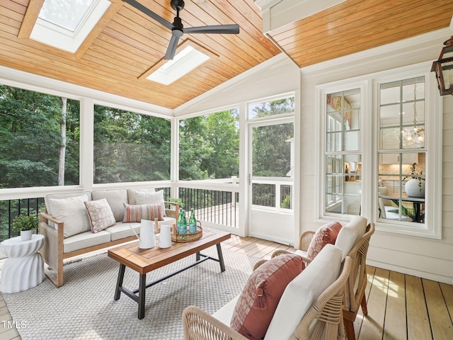 305 Promontory Point Dr, Cary, NC 27513 - sunroom / solarium with a skylight, vaulted ceiling, an outdoor hangout area, and ceiling fan