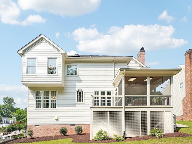 305 Promontory Point Dr, Cary, NC 27513 - back of property featuring crawl space, a sunroom, and a chimney