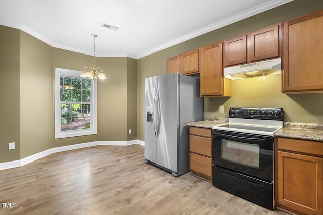 2623 Broad Oaks Pl, Raleigh, NC 27603 - kitchen with electric range, under cabinet range hood, stainless steel fridge, light wood-style floors, and crown molding