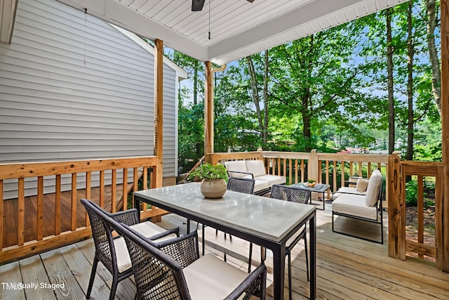 2623 Broad Oaks Pl, Raleigh, NC 27603 - deck featuring a ceiling fan, an outdoor living space, and outdoor dining space