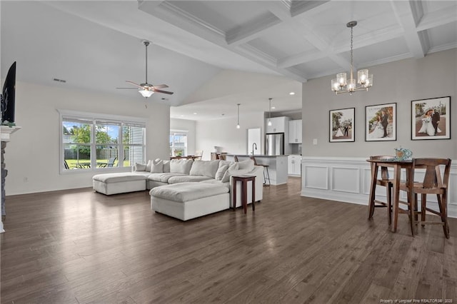 117 Titleist Ct, Raeford, NC 28376 - living room featuring dark wood-style flooring, ceiling fan, a chandelier, and recessed lighting