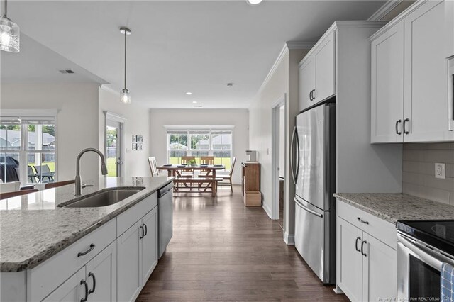 117 Titleist Ct, Raeford, NC 28376 - kitchen with stainless steel appliances, a sink, recessed lighting, dark wood-type flooring, and white cabinets