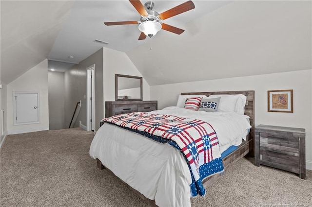117 Titleist Ct, Raeford, NC 28376 - bedroom with carpet flooring, lofted ceiling, baseboards, and a ceiling fan