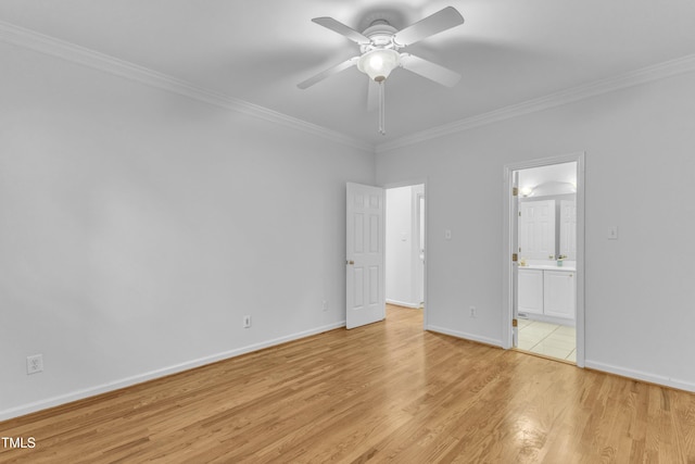500 Center Pointe Dr, Cary, NC 27513 - unfurnished bedroom with ornamental molding, light wood-style floors, baseboards, ensuite bathroom, and a ceiling fan