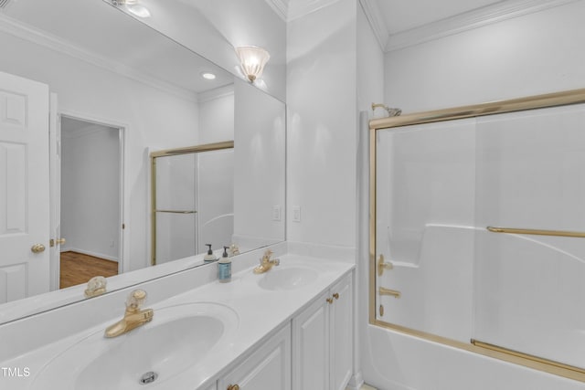 500 Center Pointe Dr, Cary, NC 27513 - bathroom with ornamental molding, double vanity, and shower / bath combination with glass door