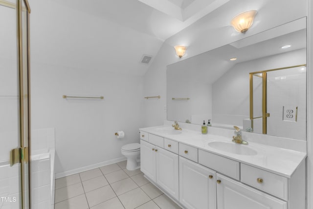 500 Center Pointe Dr, Cary, NC 27513 - full bath with double vanity, lofted ceiling, tile patterned floors, a stall shower, and toilet