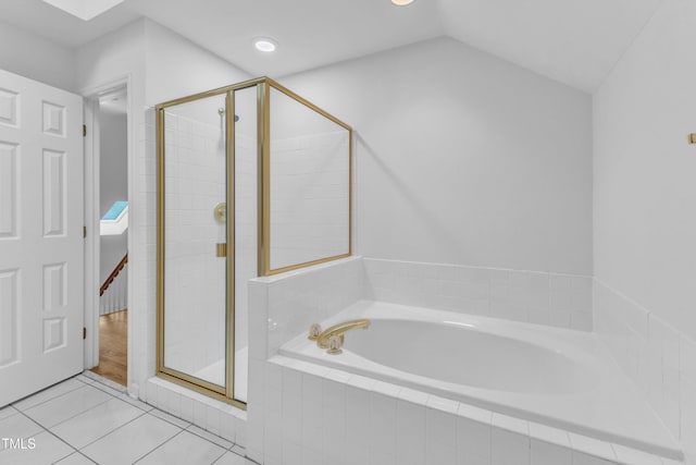 500 Center Pointe Dr, Cary, NC 27513 - bathroom featuring a bath, a shower stall, tile patterned floors, and lofted ceiling