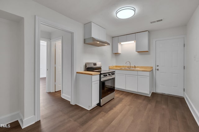 414 Craven St, Durham, NC 27704 - kitchen with wood counters, stainless steel range with electric stovetop, a sink, dark wood finished floors, and white cabinets