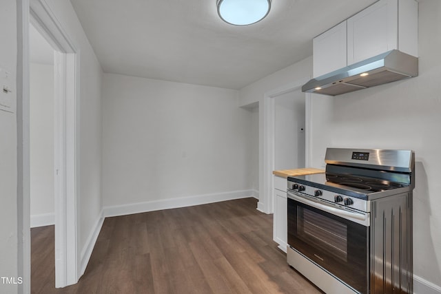 414 Craven St, Durham, NC 27704 - kitchen featuring stainless steel electric range, under cabinet range hood, white cabinets, dark wood finished floors, and wooden counters