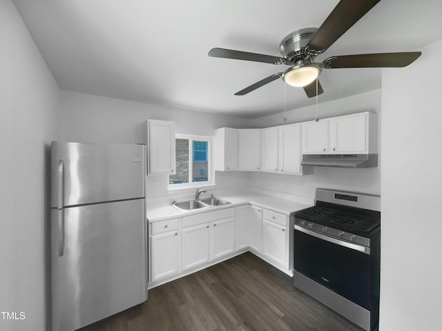 916 Waring St, Durham, NC 27704 - kitchen featuring appliances with stainless steel finishes, a sink, under cabinet range hood, dark wood-style flooring, and white cabinets
