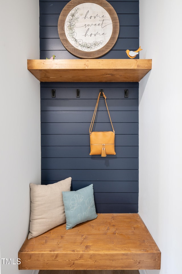 226 Castle Pond Way, Fuquay Varina, NC 27526 - mudroom featuring wooden walls