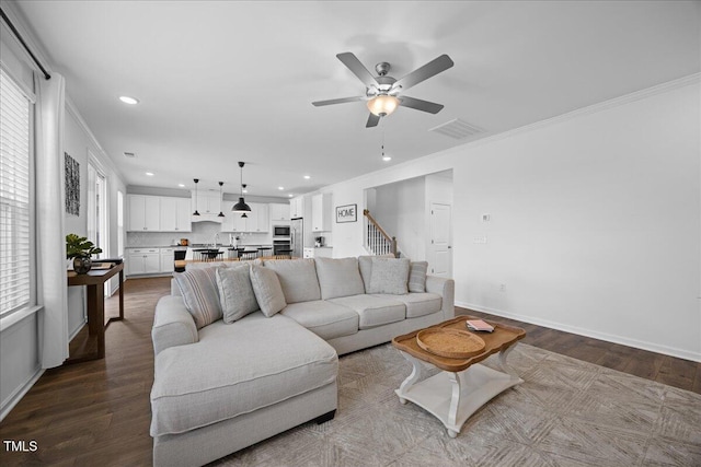 4508 Valley Crest Ln, Fuquay Varina, NC 27526 - living room featuring ornamental molding, ceiling fan, recessed lighting, wood finished floors, and baseboards